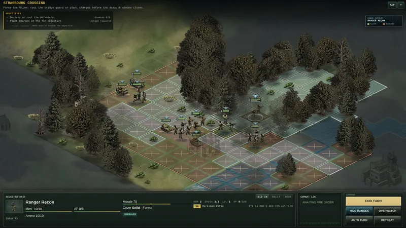 Ranger selected with its movement grid, cover and remaining action points shown.