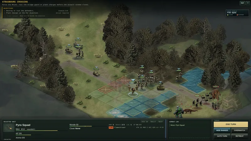 Pyro squad on the riverbank with its movement tiles and action points visible.