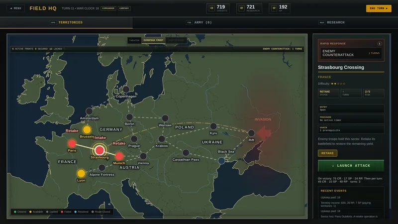 The campaign map of Europe with fallen sectors and Strasbourg selected.