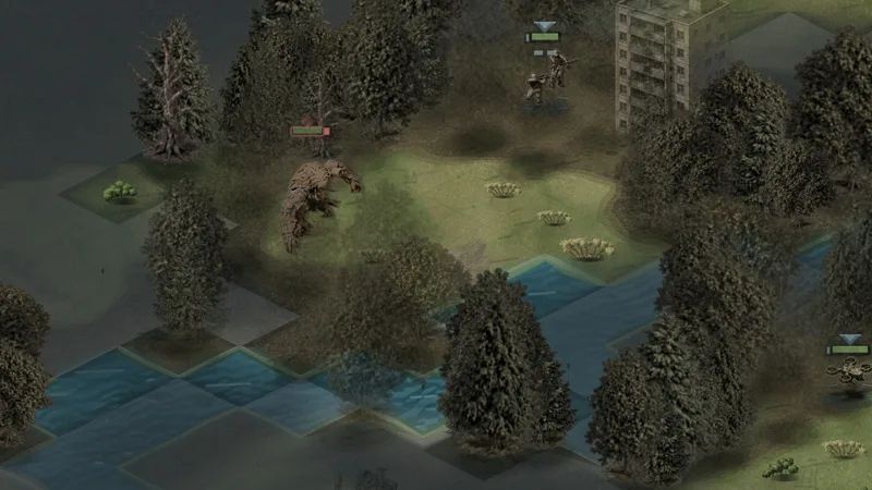 A wooden Colossus walks out of the trees beside a river and a bunker.