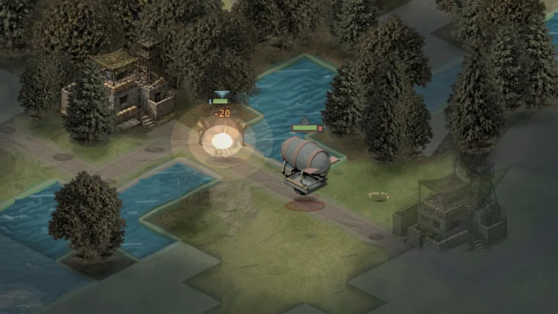 A bomb balloon drops fire on an armoured vehicle on a forest road.