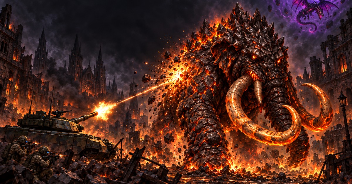 A tank faces a massive tusked invader in SpellRAID key art.